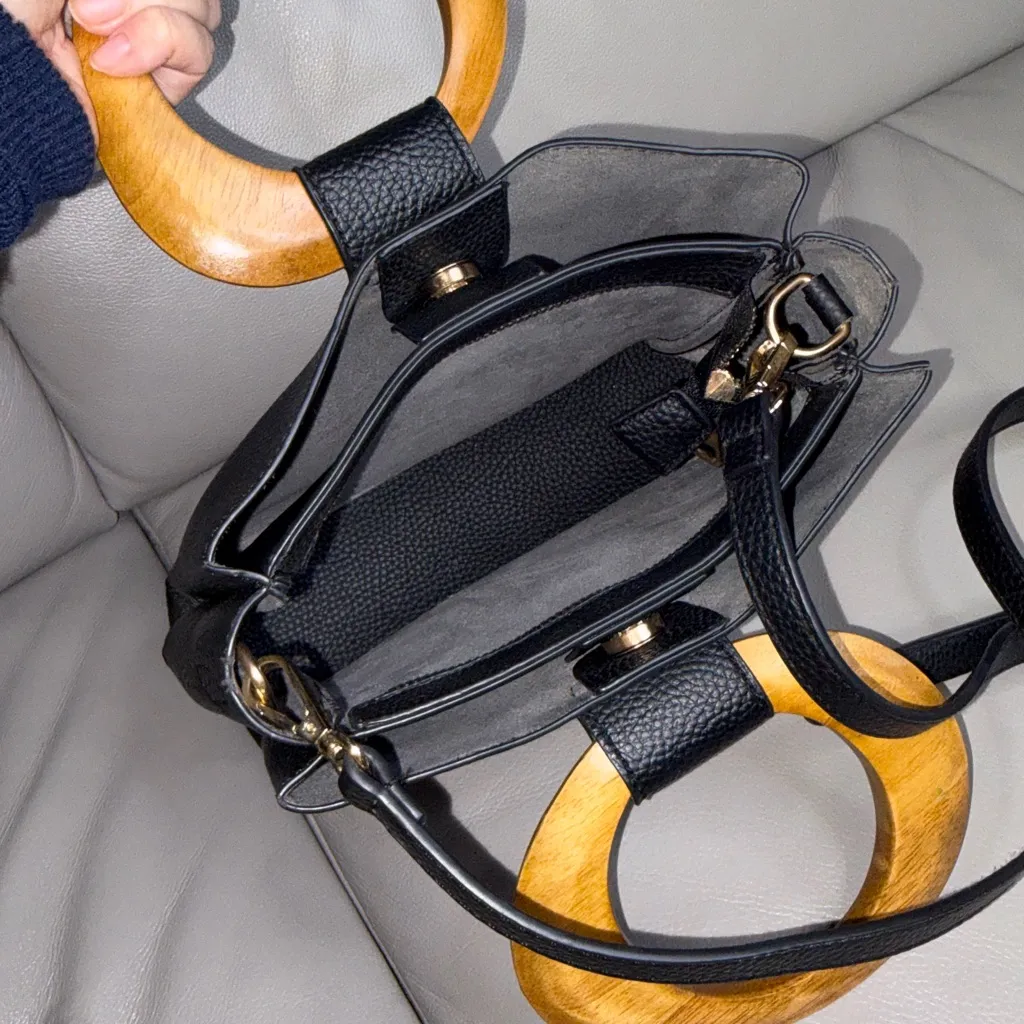 Black faux Leather crossbody Bag with gold and wood Accent - Image 5