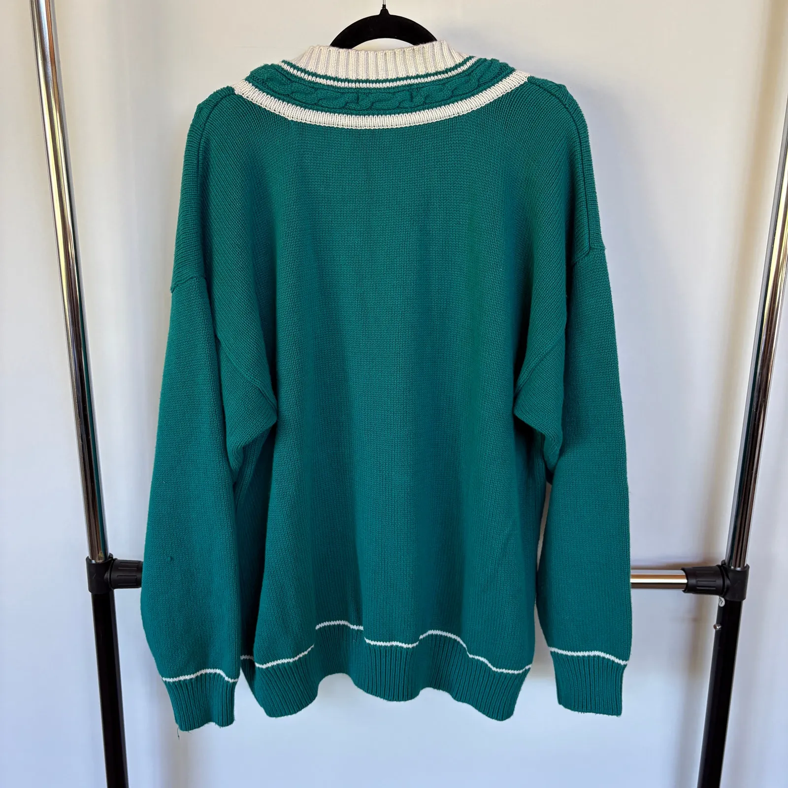 Vintage Teal Cableknit Academia Sweater College Preppy Knit Tennis V - Image 3