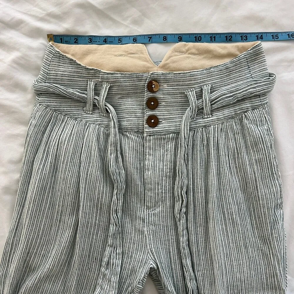FREE PEOPLE Blue Pinstripe Woven Cotton High Rise Paper Bag Waist Pants Size 0 - Image 8