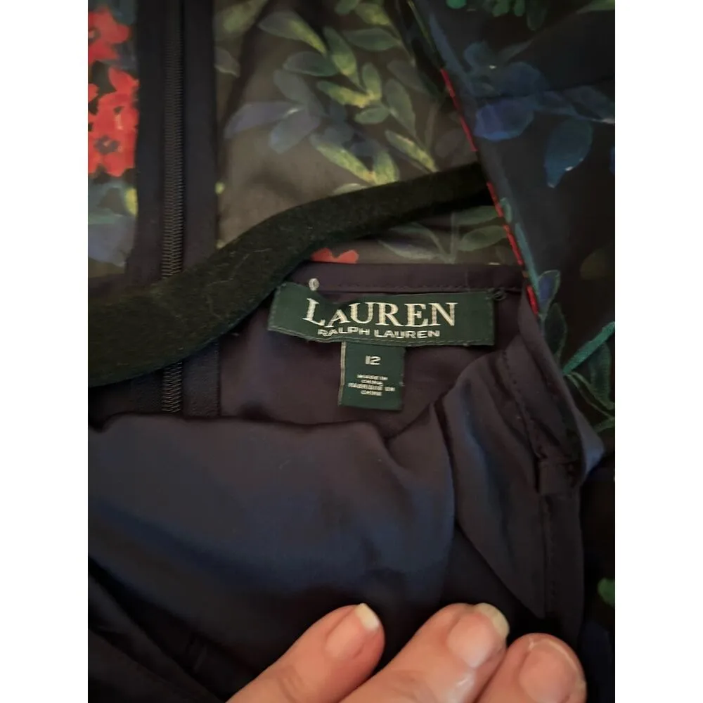 Lauren Ralph Lauren Floral Dress LRL Navy Red Babydoll 2 Pc Bell Sleeve sz 12 - Image 9