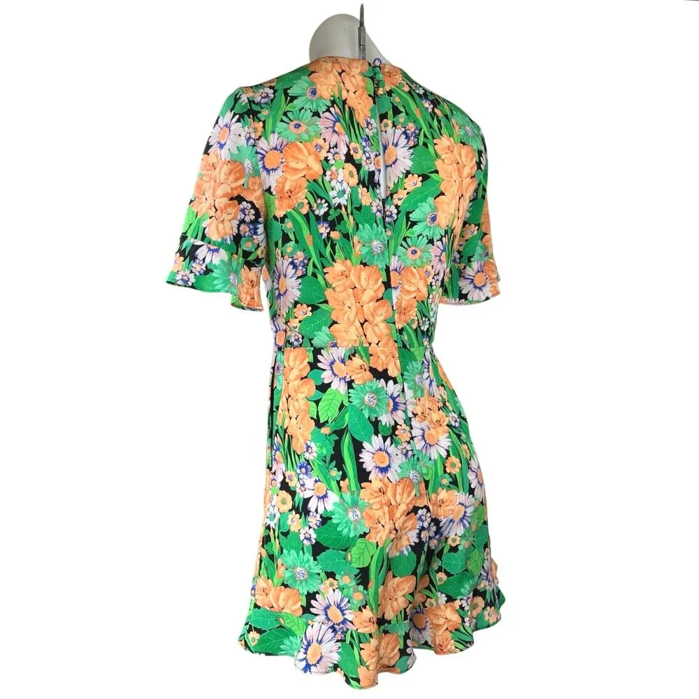 Sandro Eudelin Green 100% Silk Multicolor Floral Short Sleeve Romper Shorts Sz 4 - Image 2