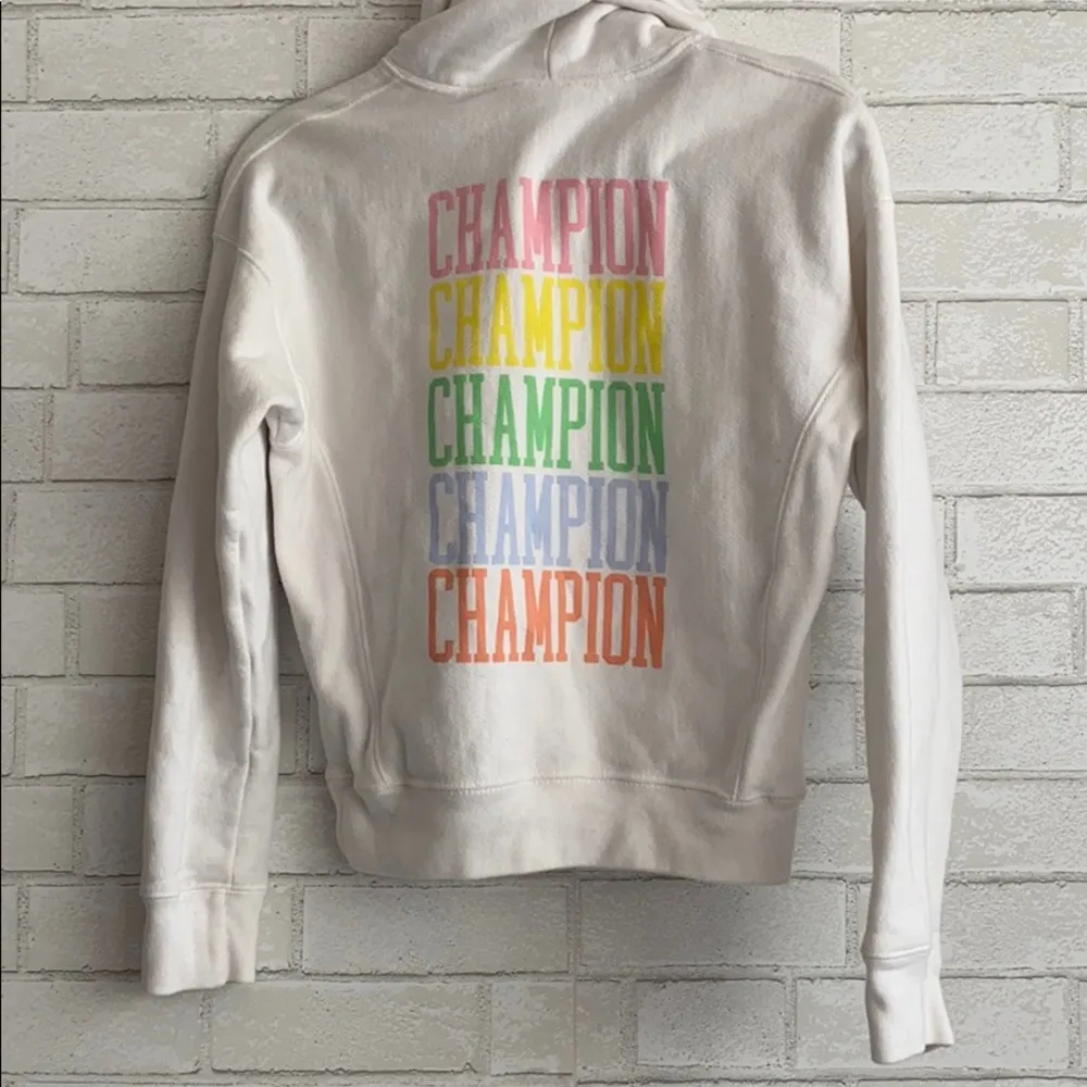 Champion White Multicolor Logo Reverse Weave Hoodie - Image 2