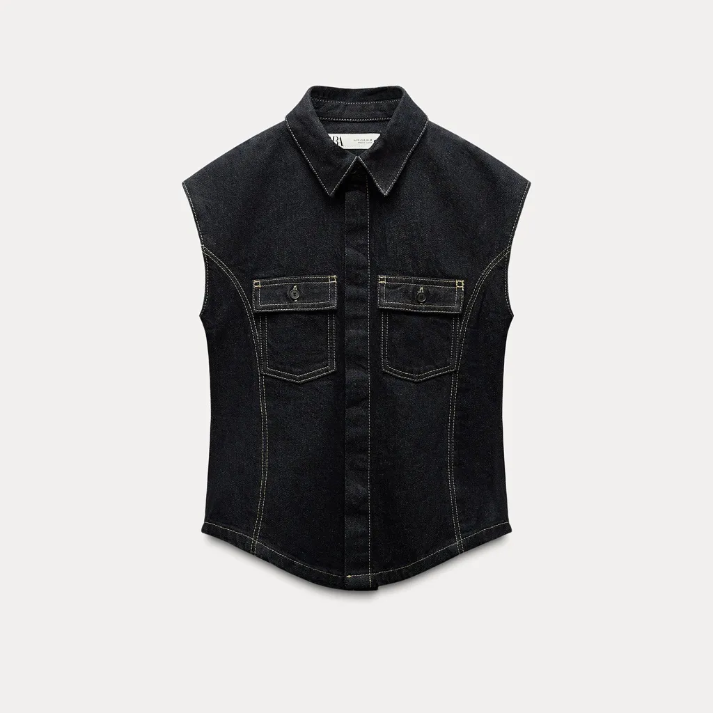 Zara NWT dark denim button collared vest - Image 3
