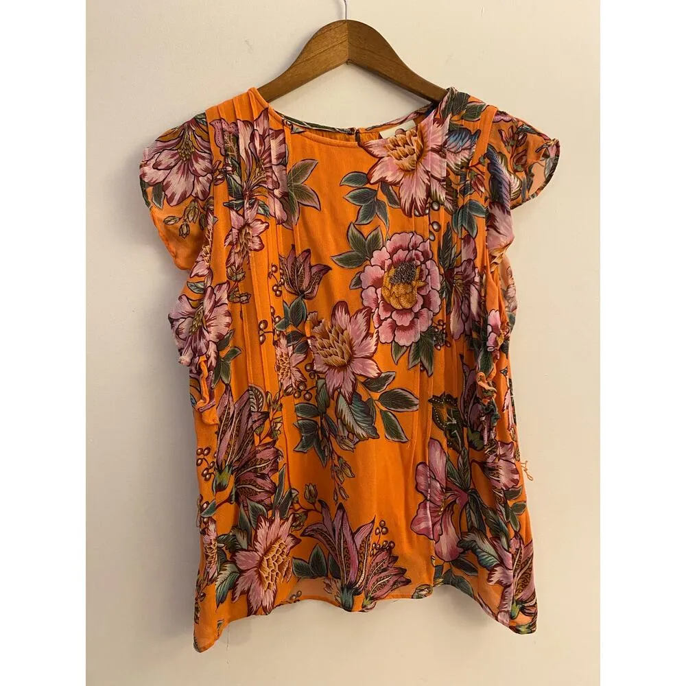 Farm Rio Adonis Pintucked Blouse No Tie Orange Pink Floral Flutter Sleeve GUC S - Image 2