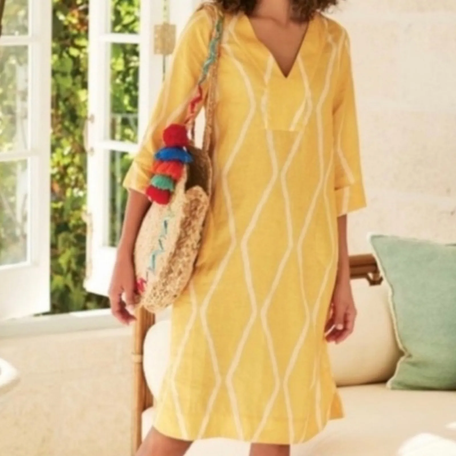 Soft Surroundings Yellow Linen Sun Dress Womens S Beachy Casual Short 3/4 Sleeve - Image 3