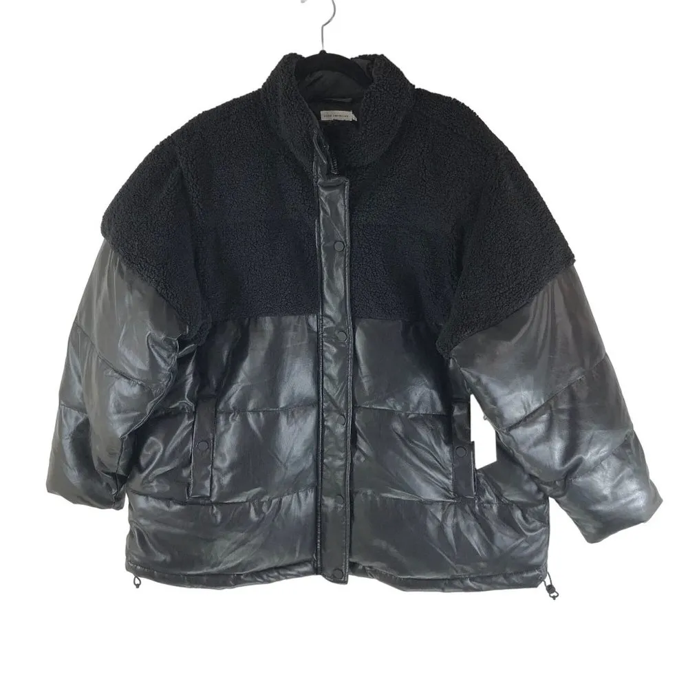 Good American Womens Faux Leather Short Puffer Jacket Sherpa Black 4 US XL - Image 4