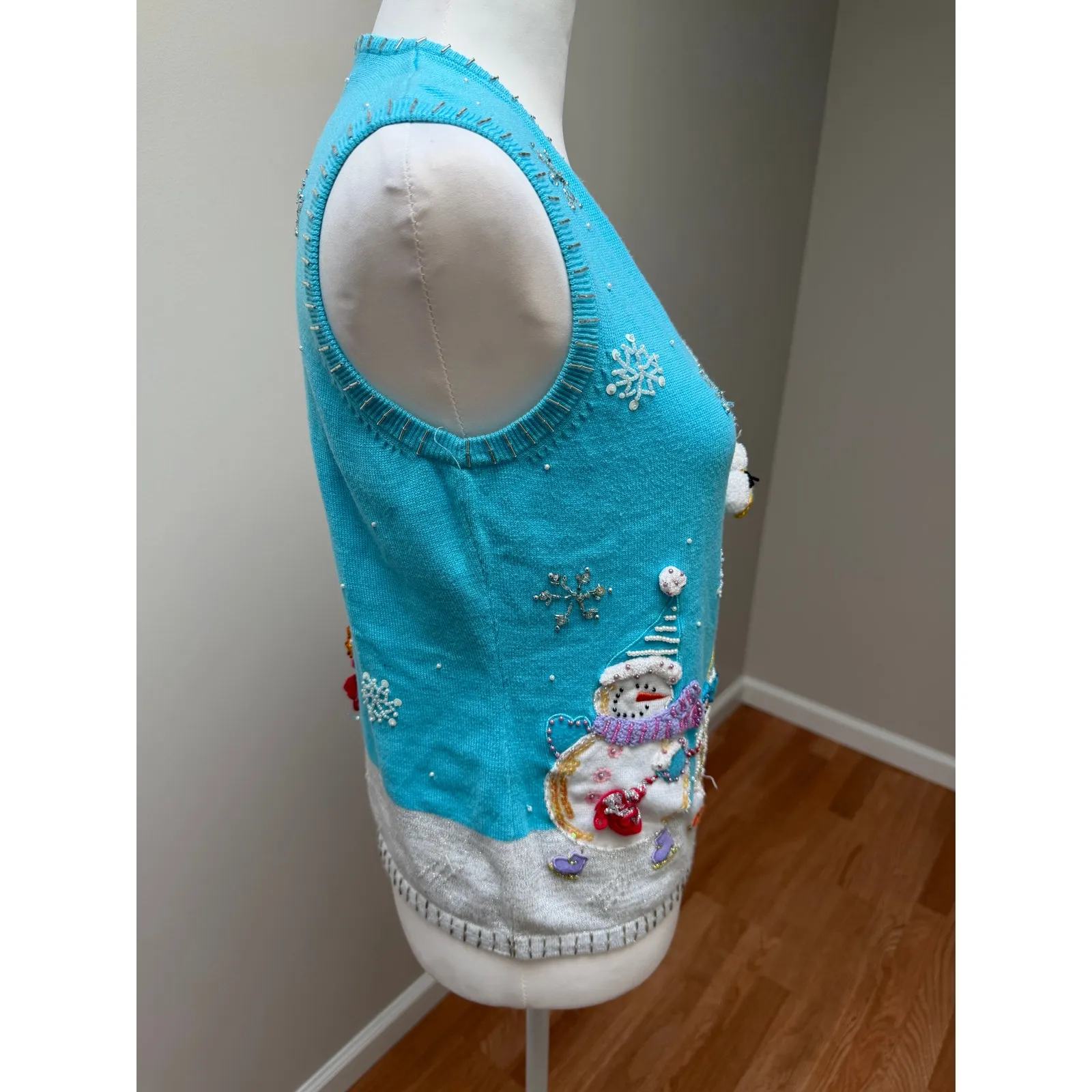 Vintage Berek Ugly Christmas Sweater Vest Small Snowman Embroidered Jingle Bells Blue - Image 4