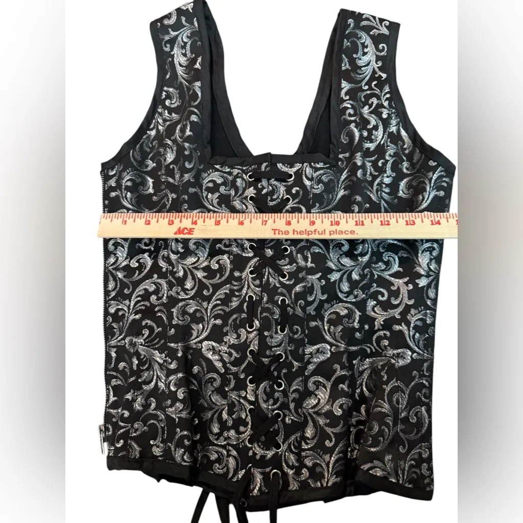 Steel boned Corset Queens sz 30 lace up side zip Black Silver Brocade slimming - Image 15