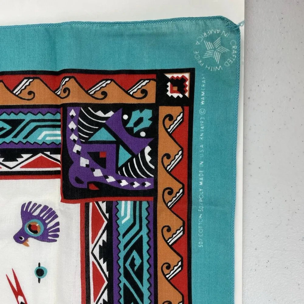 Vintage Wamcraft Bandana Handkerchief Aztec Native American Turquoise Purple Blue - Image 3