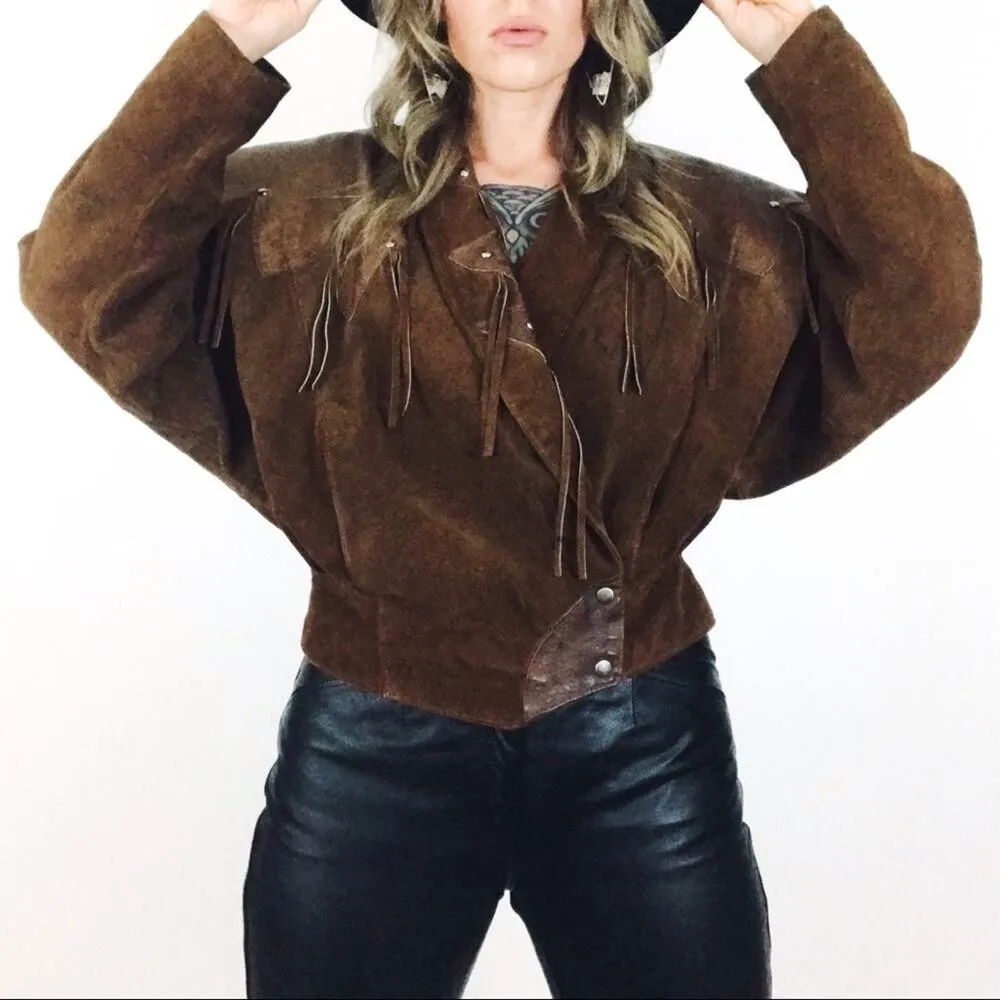 Vintage Cropped Western Suede Jacket with Fringe | Size M Brown Size M - Image 2
