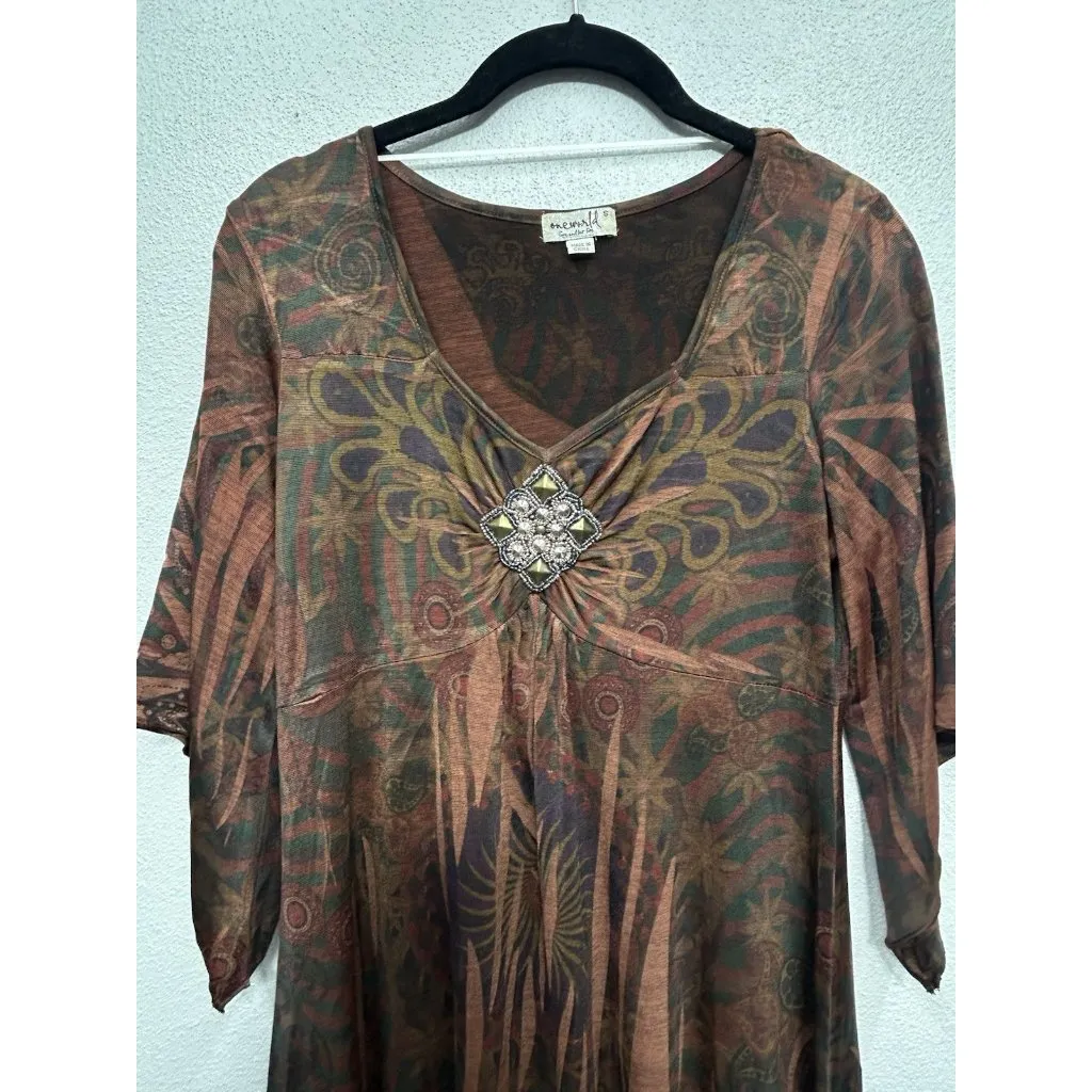 One World Top Small Y2K Babydoll Asymmetrical Hippie Western Gem V Neck Burnout - Image 3