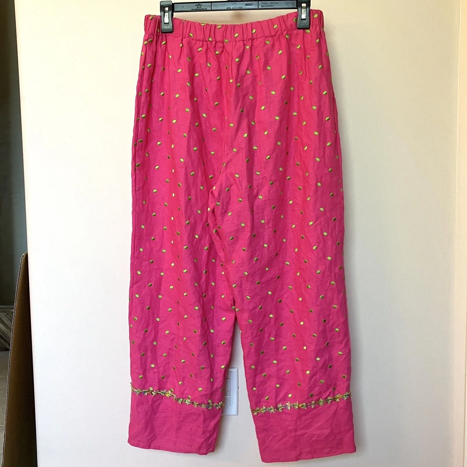 Linen Pants Women’s Large Capri Pink Green Polka Dots Made USA Unique - Image 3