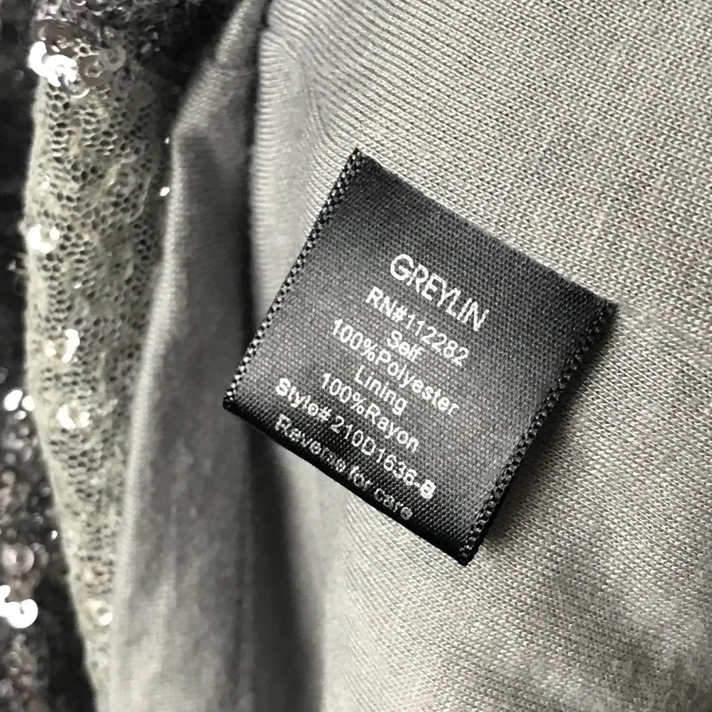 Anthropologie Silver Metallic Sequin Dress size S Sparkly Ruched Sheath - Image 7