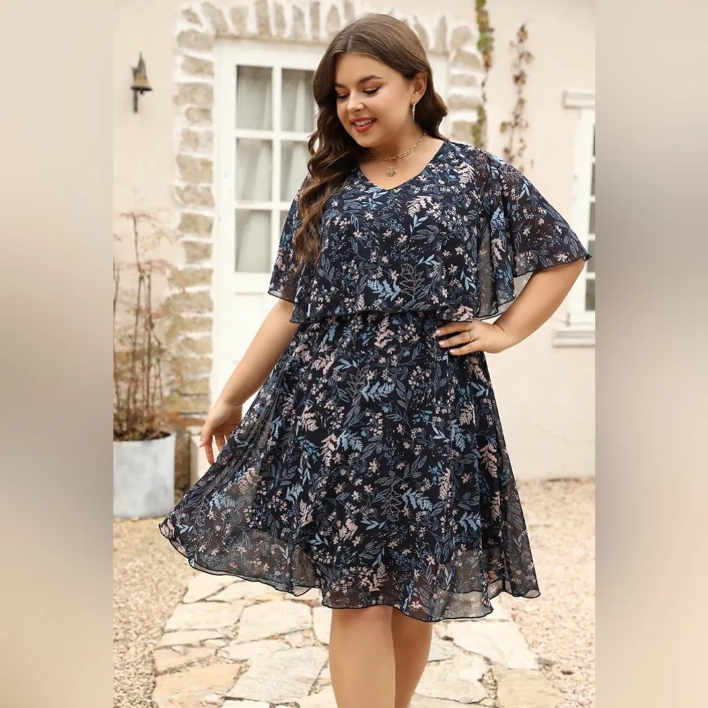 NEW Keluummi Blue Plus Size Floral Empire Waist Midi Flowy Dress 18 - Image 2