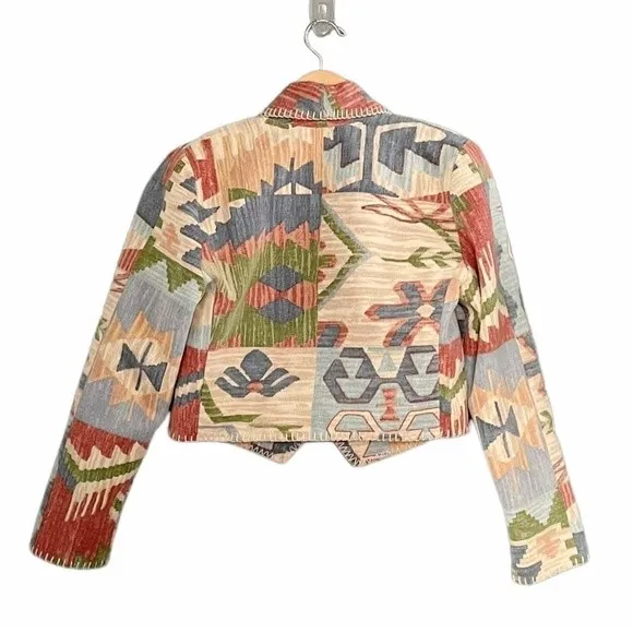 Rhonda Stark Jacket Blazer Southwest Tapestry Cropped Boho Tan Blue Size Medium Brown - Image 9