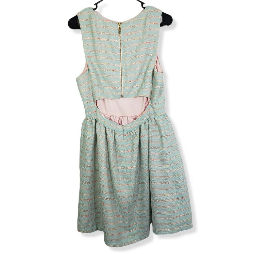 JULIE BROWN NYC Size 8 Blue, Gold, Stripe Nubby Knit, Sleeveless, Cutout Dress - Image 4