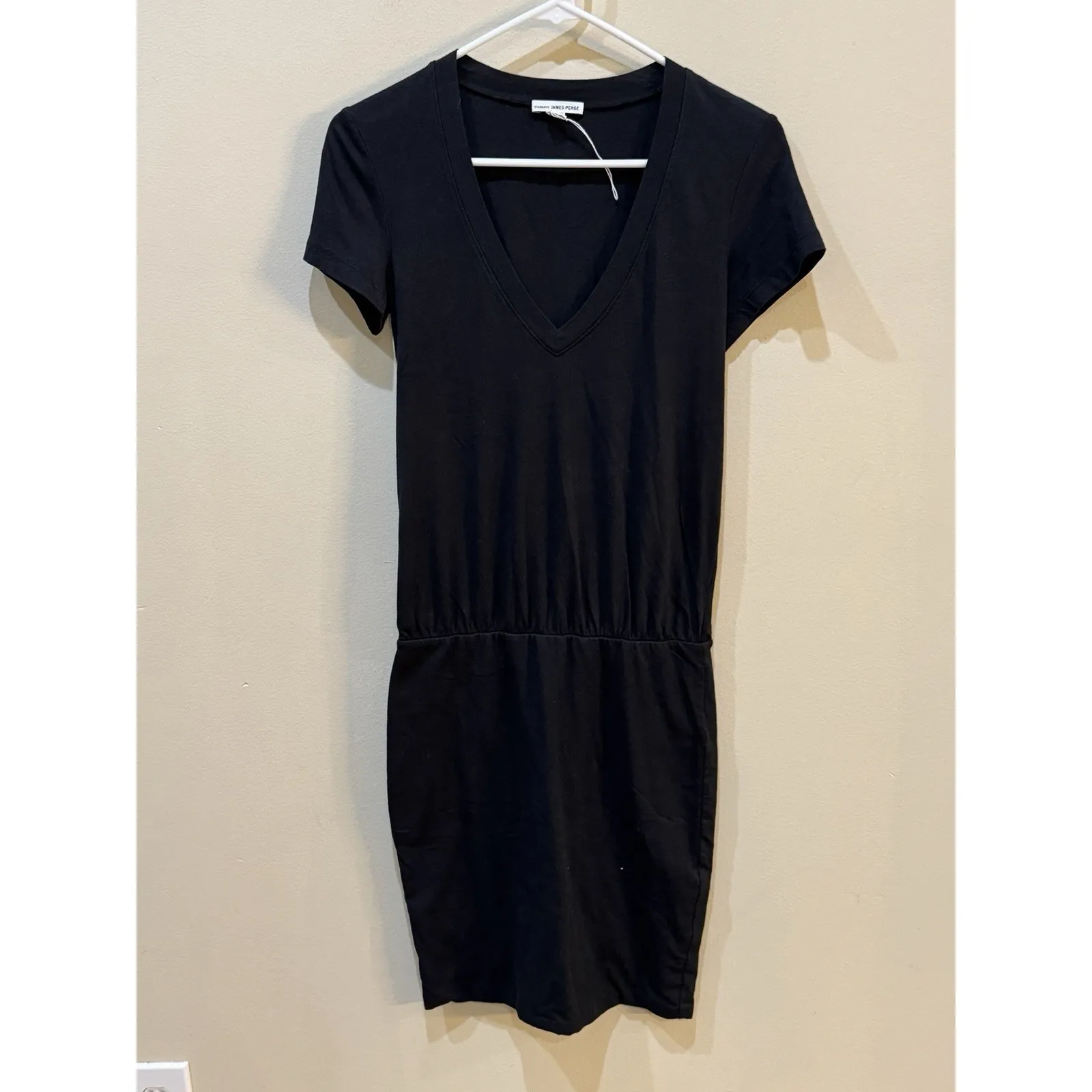 James Perse V-Neck‎ Short Sleeve Blouson T-Shirt Mini Dress, Black, Size 1 Small - Image 3
