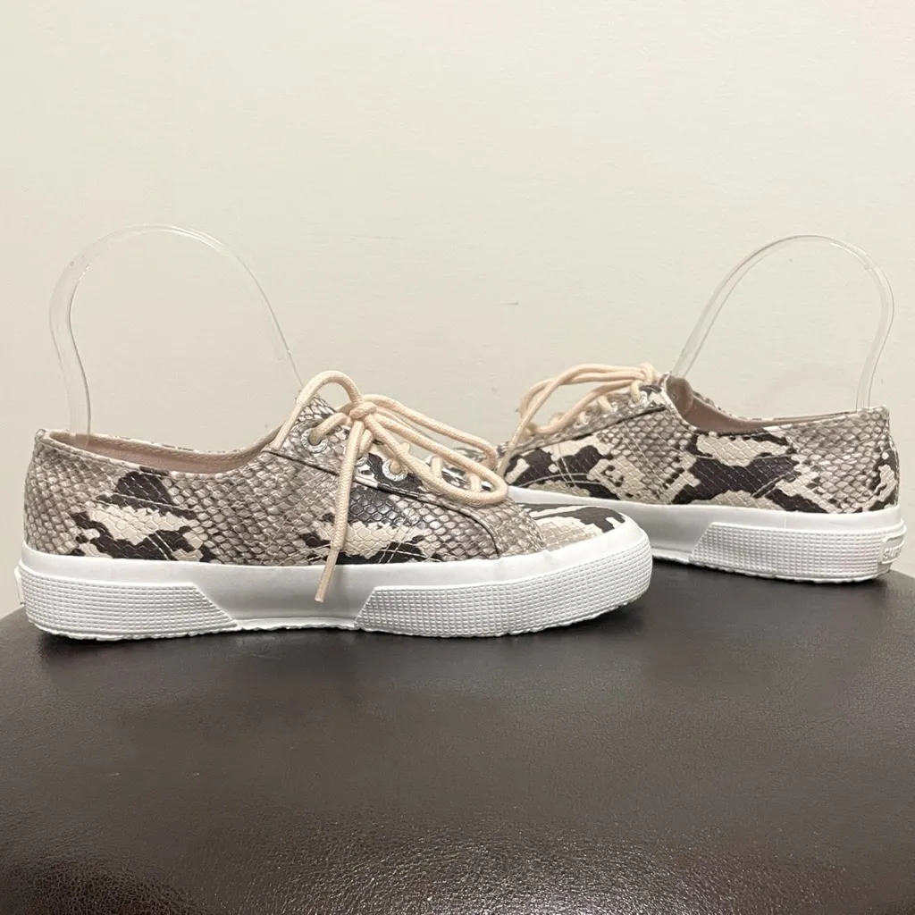 Superga Ivory Taupe Gray White Snakeskin Print Lace Up Sneakers 6 Faux Leather - Image 6