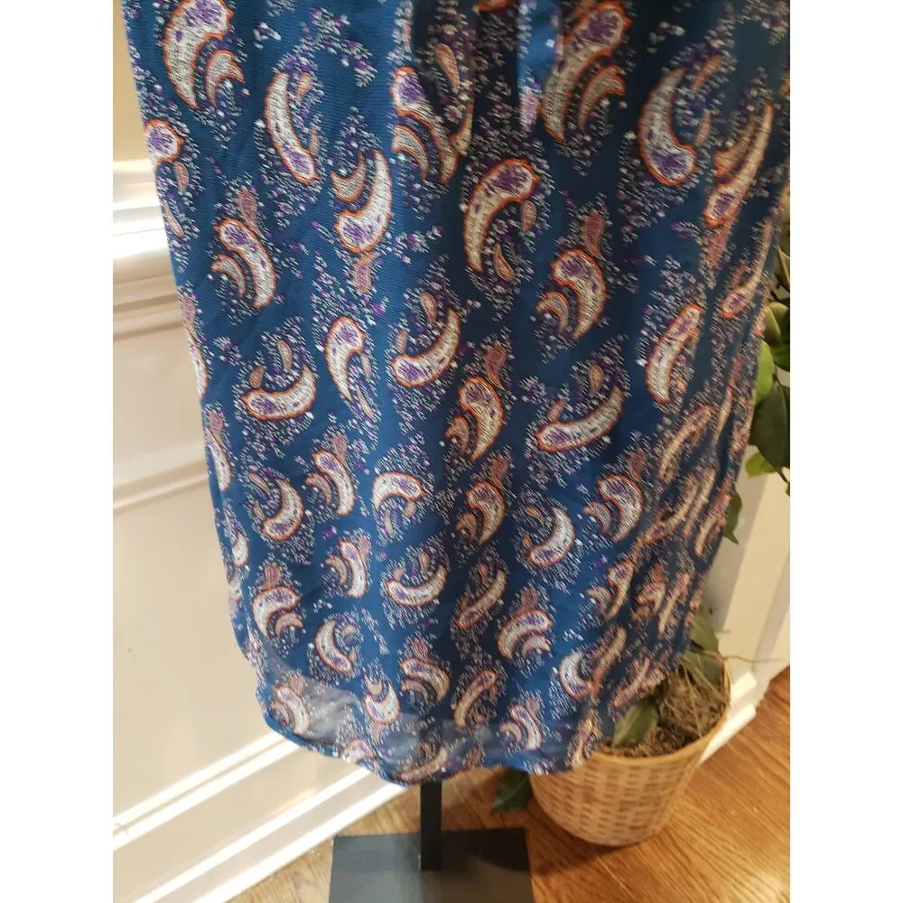 DR2 A Line Dress Women Navy Paisley Tie Waist Long Sleeve V Neck Button Front XS Blue - Image 6