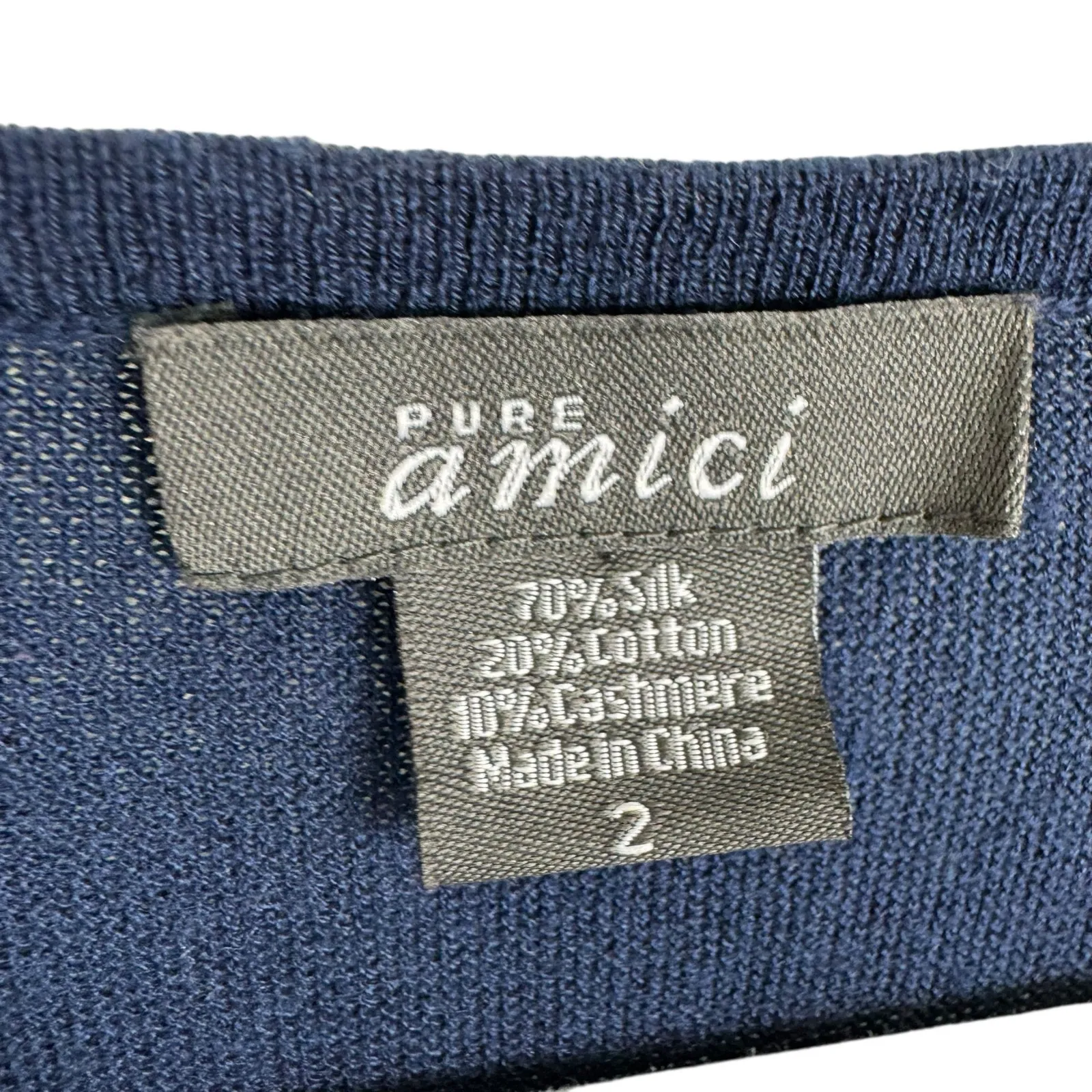 Pure Amici Navy Blue 3/4 Sleeve Silk Cotton Cashmere V - Image 3