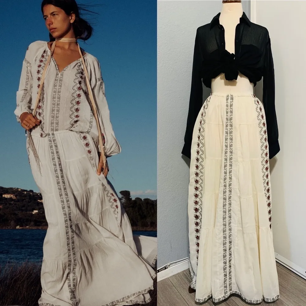 Zara Bohemian Summer Beach‎ Ecru Long Embroidered Skirt Size XS-S 100% Cotton - Image 2