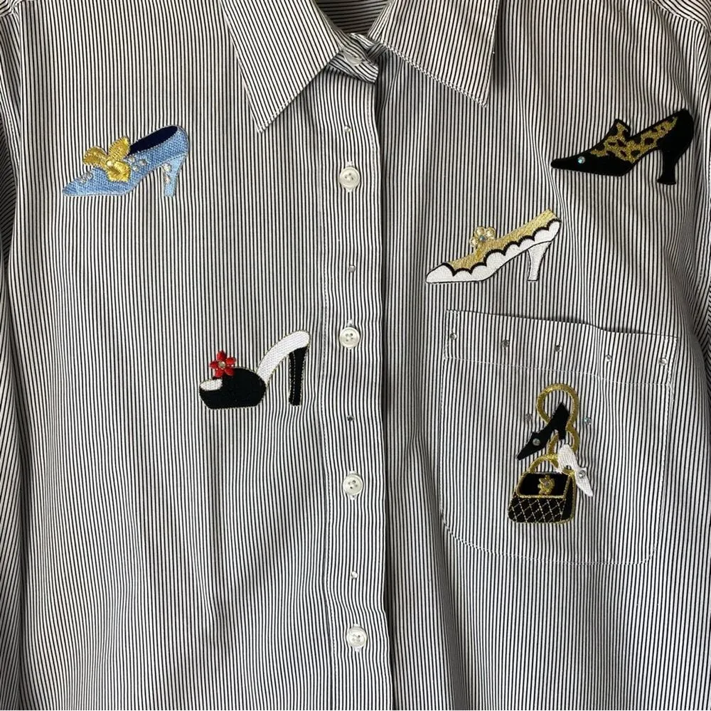 Vintage 90s Las Olas Black& White Striped Button Up Collared High Heel Top Small - Image 3