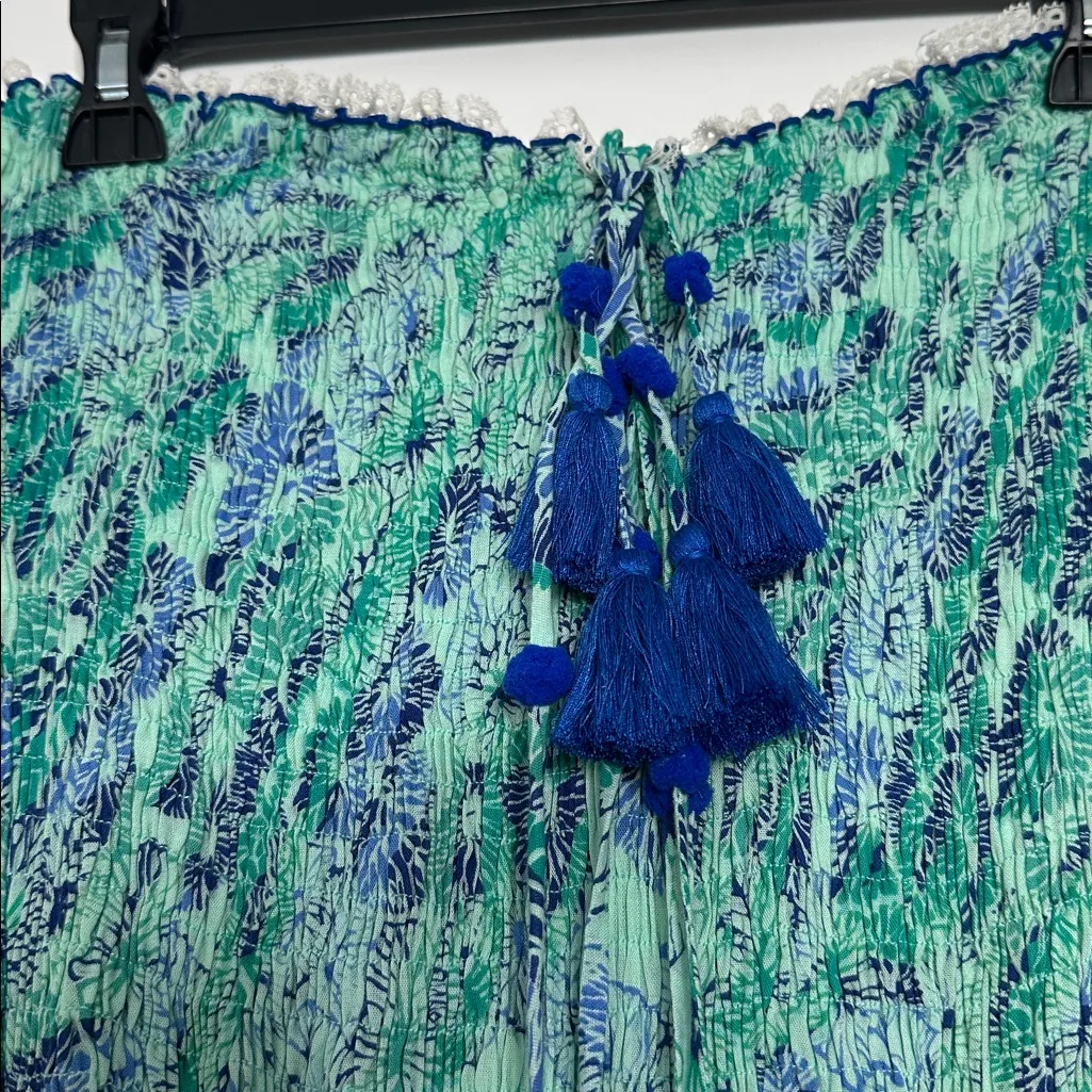 Poupette St. Barth Floral Blue/Green Maxi Dress Cover Up Pom Poms Sz XS - Image 4