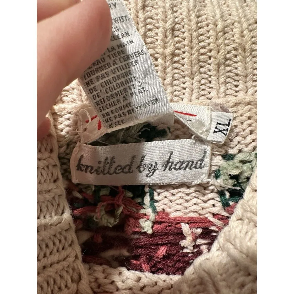 Vntg Talbots Christmas Holly Poinsettia Sweater Womens XL Bow Ivory Knit By Hand - Image 6