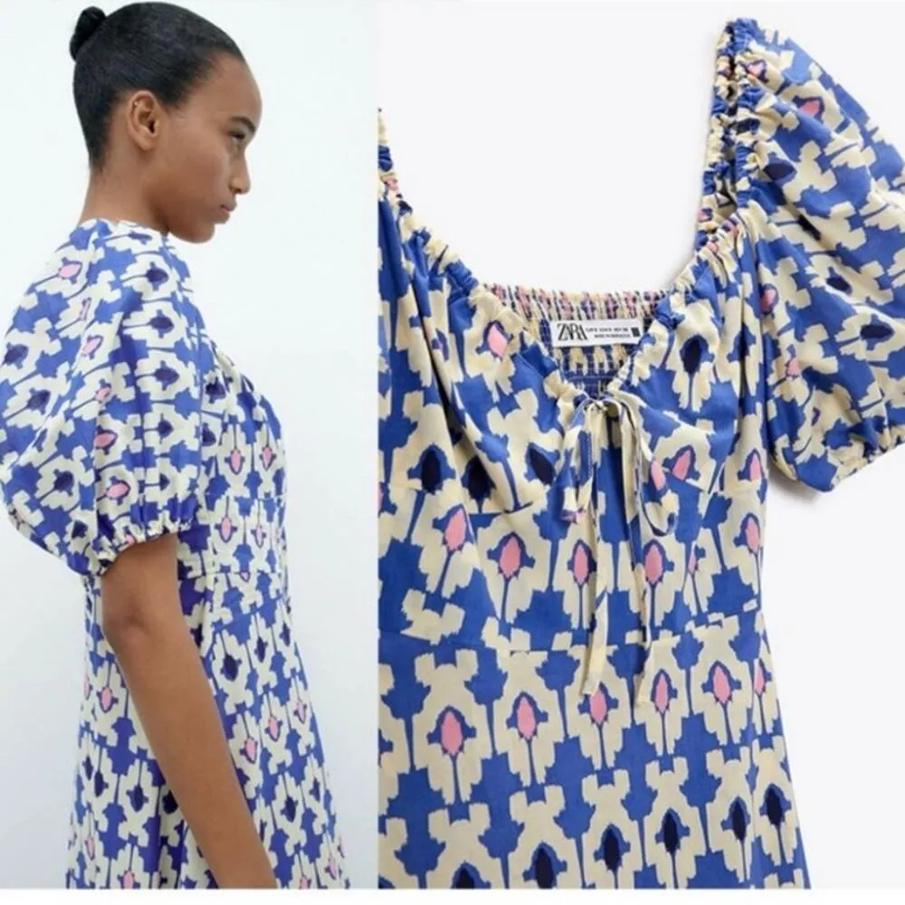 Zara Blue White Printed Short Puff Sleeve Smocked V-Neck Midi A-line Dress Sz L - Image 3