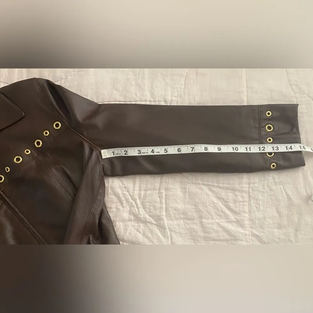 St John Sport Brown Leather Jacket Coat Gold Grommet Y2K 90’s Style Petite Small) - Image 10