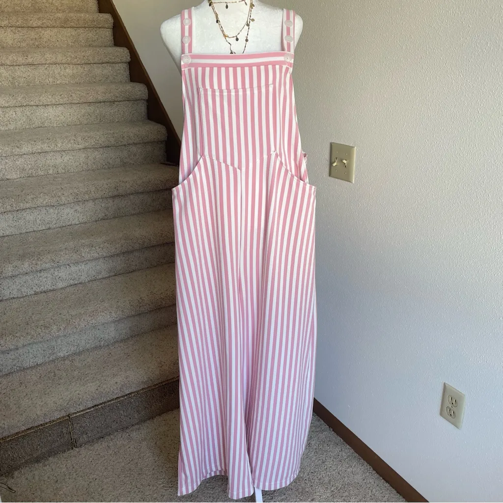 HALARA Pockets Stripe Waffle Overalls in Pink Stripe Size Large - Image 3