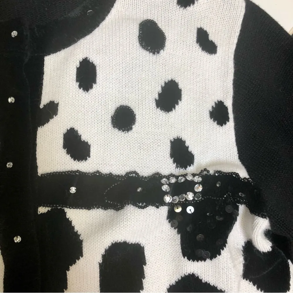 Vintage 90s Berek Animal Print Sweater Sequin Rhinestone Black & White Dots XL - Image 8