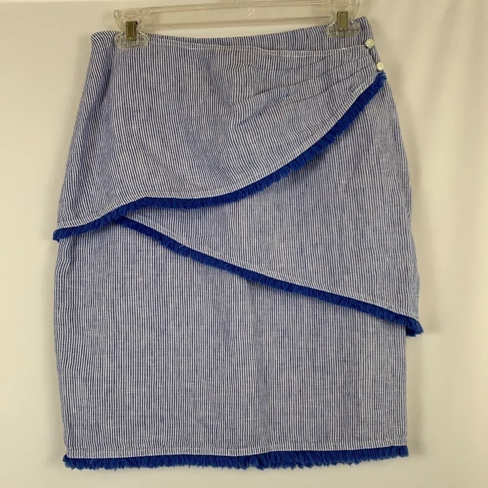 J McLaughlin Mallorca Linen Asymmetrical-Layer Blue & White Striped Skirt - Image 3