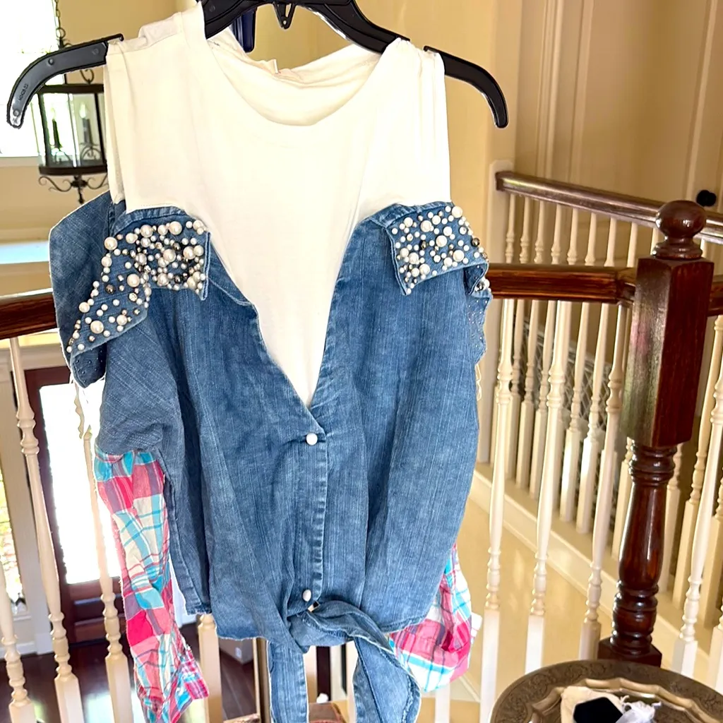 Denim and White Pearl Embellished Top Blue Size M - Image 2