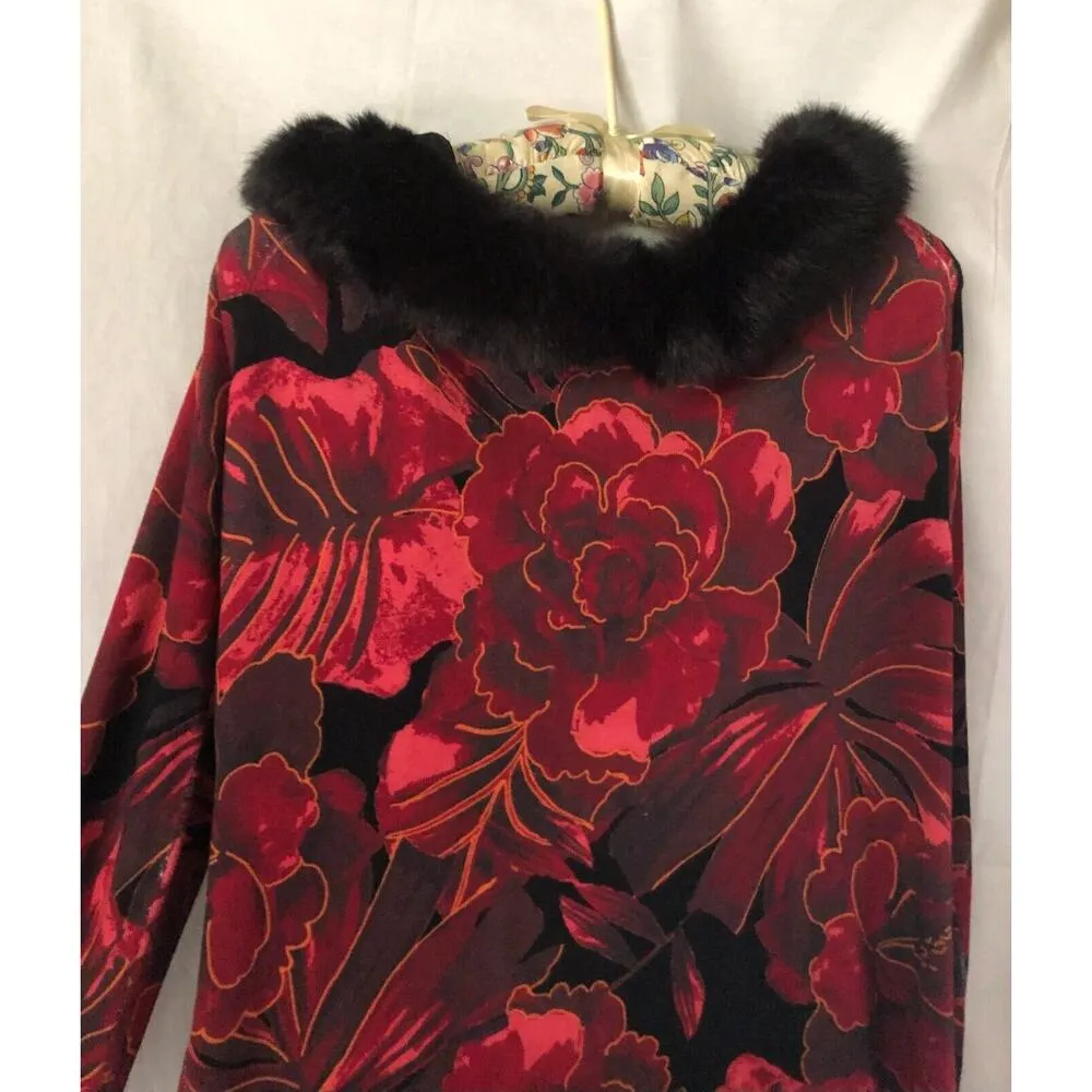 Boston Proper Stretch Knit Removable Black Faux Fur Collar Top Sz L Red Black - Image 5