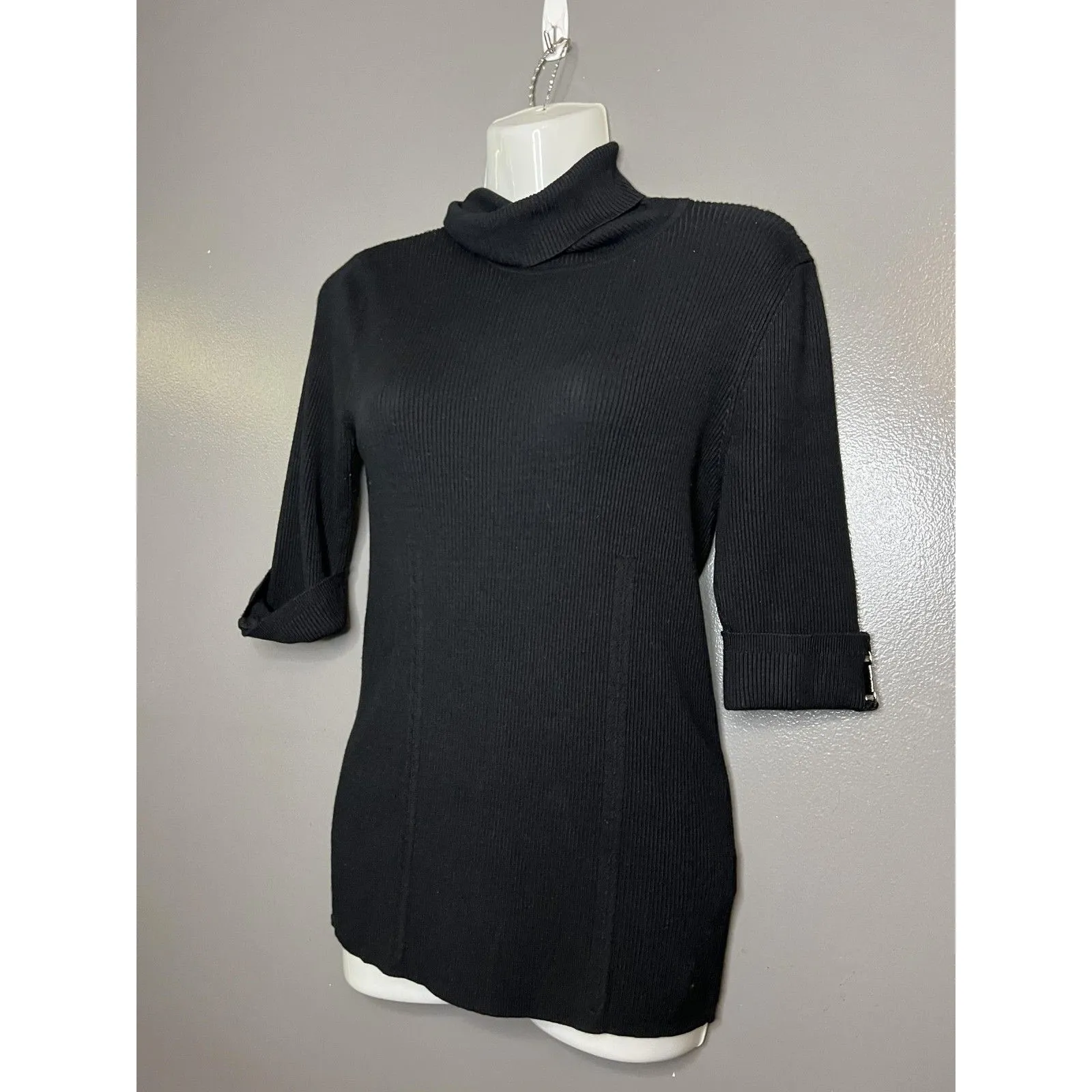 Premise Studio Sweater Womens Large Black Ribbed Knit Cowl Neck 3/4 Sleeve - Image 3