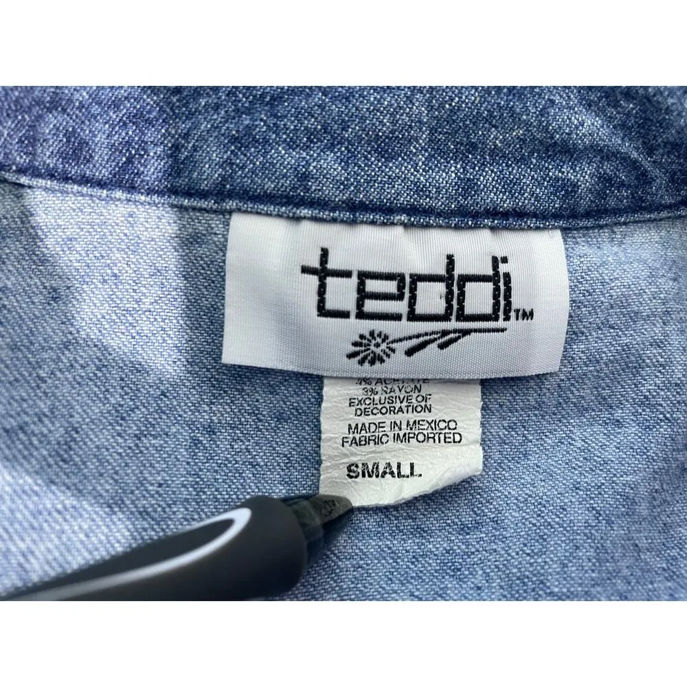 Vintage Teddi Denim Blouse Small Embroidered Hummingbirds Flowers Prairie Flaw Blue - Image 8