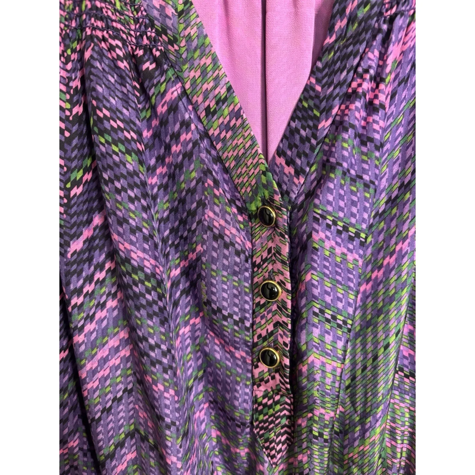 Shoshanna 100% Silk Purple Green Geometric Long Sleeve Dress Size 10 Wedding - Image 4