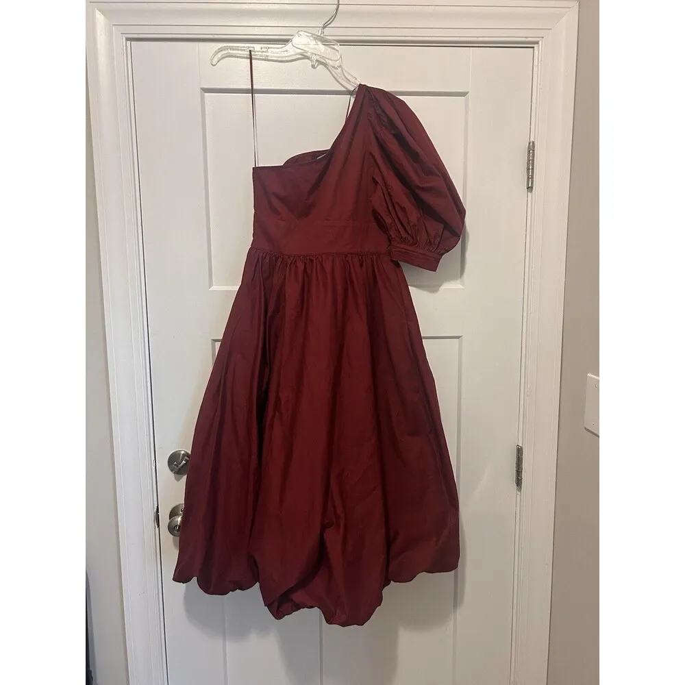 En Saison Cosima Midi Dress Deep Burgundy One Shoulder Puff Sleeve Size Small - Image 4