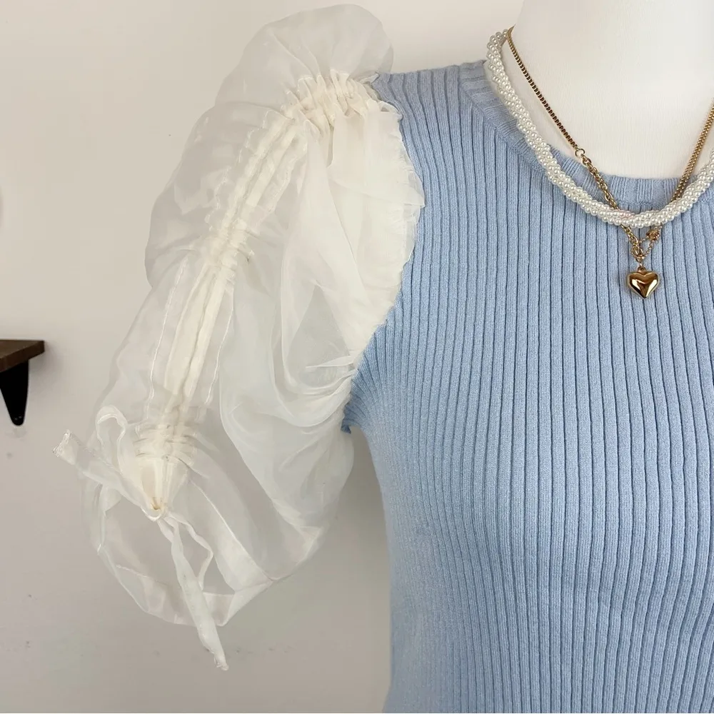 En Saison Adianne Mixed Media Top in Blue - Image 3