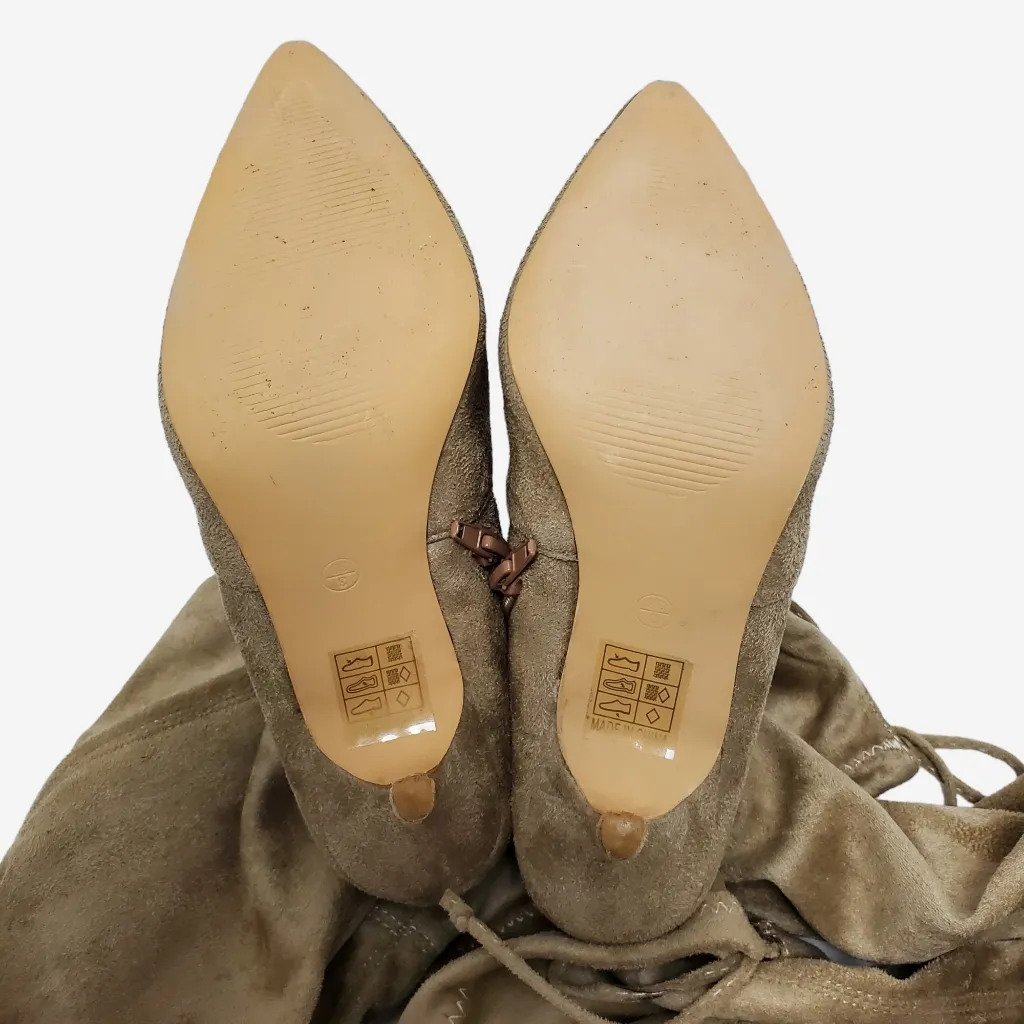 Suede Pointed Toe Over The Knees Thigh High Stretchy Heeled Boot Tan Size 5 - Image 9