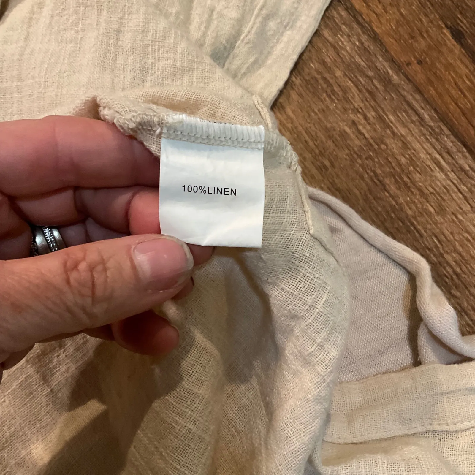 John Fashion 100% Linen Blouse Small 3/4 Sleeve Lagenlook Layered Hem Side Slits Tan - Image 7