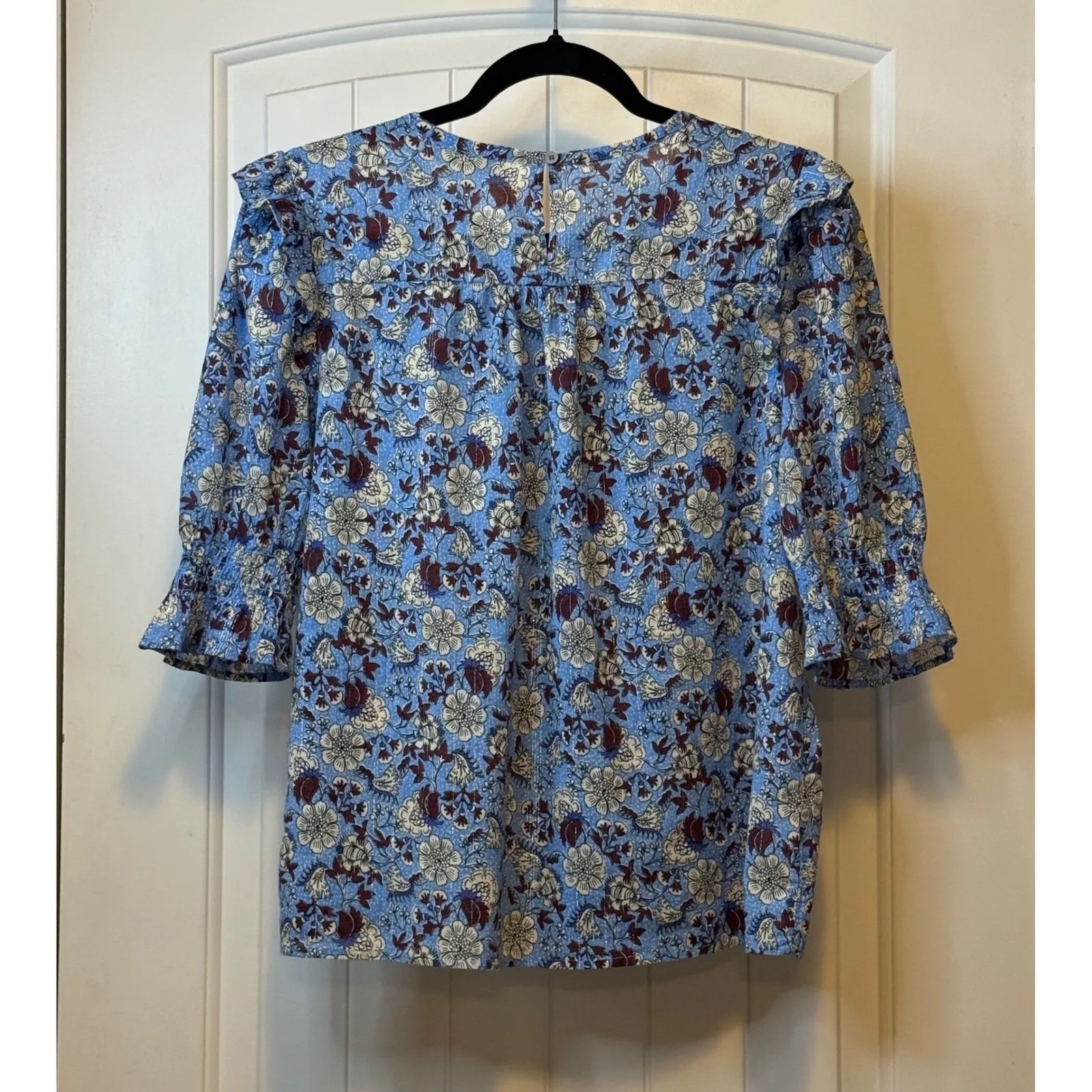 LOFT Petites Blue Floral Ruffle‎ Sleeve Pintuck Blouse Womens Workwear Trendy # - Image 3