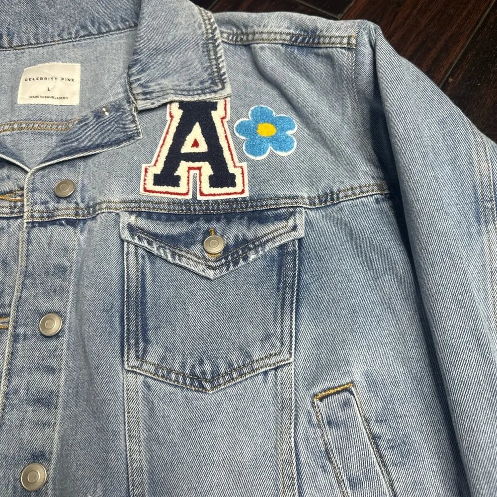 Jeans jacket with patchwork long sleeve casual BoHo indie happy face cotton - Image 2