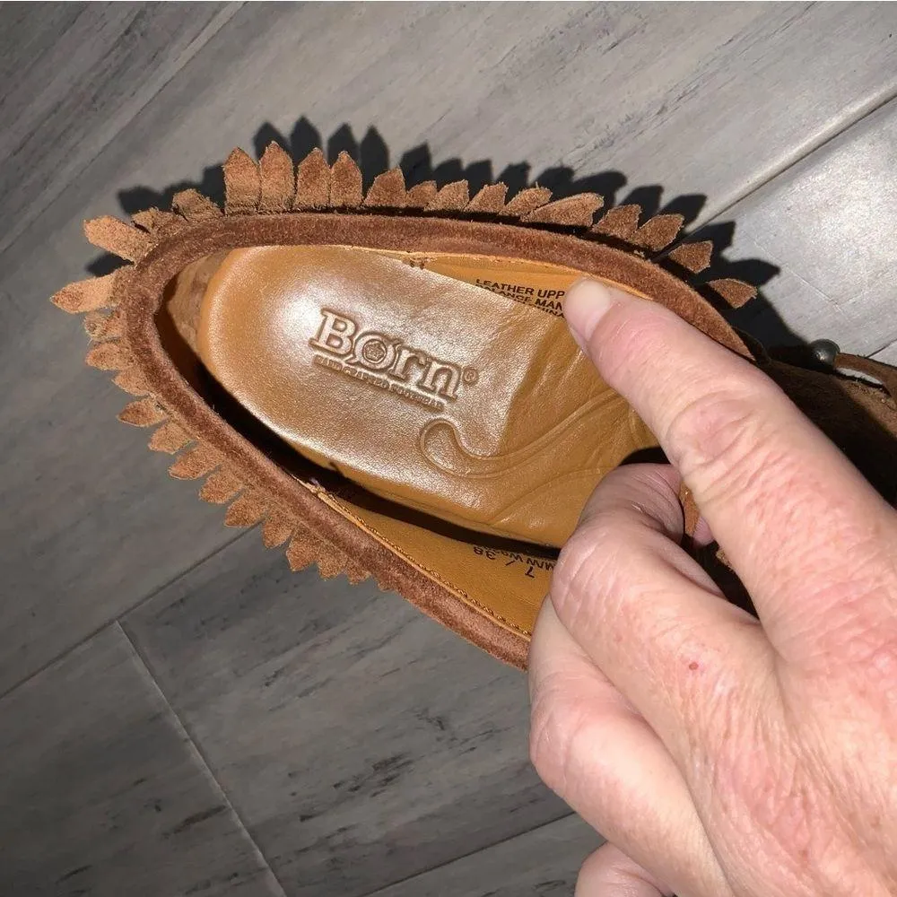 Born Brown Suede Fringe Moccasin Stacked 3” Heel Booties Size 7 Ex Condi… - Image 10