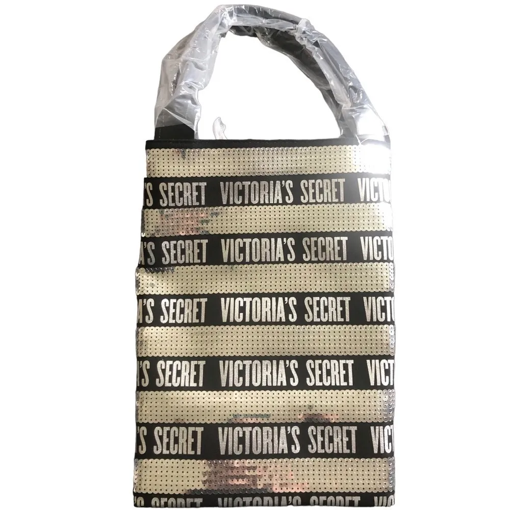 Victoria’s Secret Silver Sequin Signature Weekender Tote Bag Solid Black Bling - Image 2