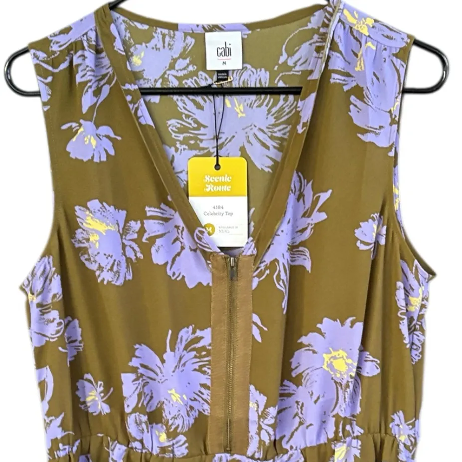 NWT CAbi Celebrity Top Green Lavender Pop Flower Print Size Medium - Image 5