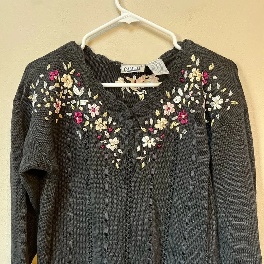 Vintage Black Embroidered Floral Sweater L Ramie Cotton 90s Size L - Image 11