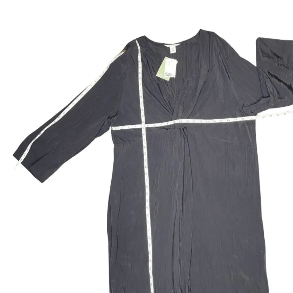 Women's Black Crinkled Low Cut Ruched Waist Maxi Bell Sleeve Dress XL Girly - Image 4