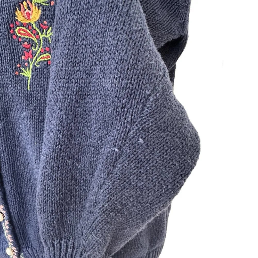 Vintage Sweater Floral Embroidered Cardigan Button Front Size M Blue Cotton Knit Size M - Image 5